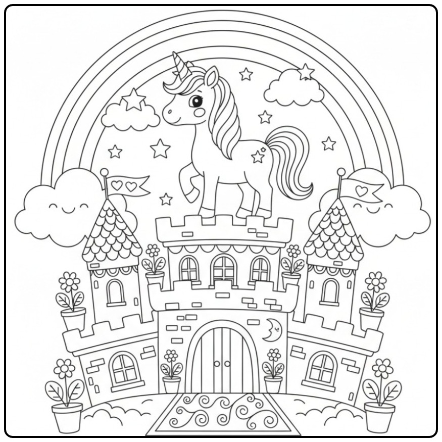 Magical Unicorn Rainbow Castle coloring page