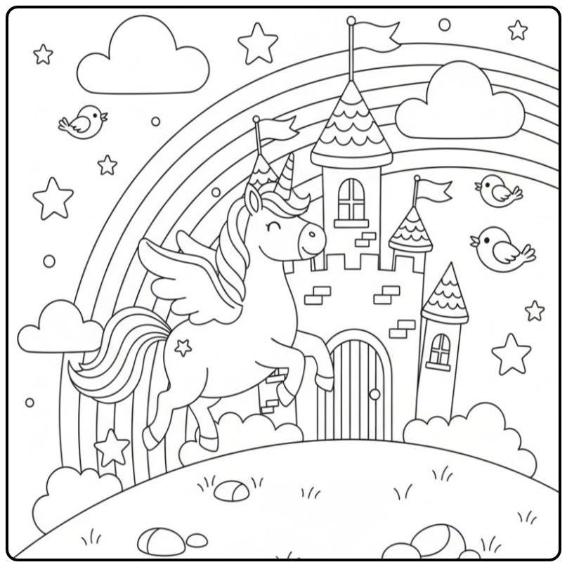 Magical Unicorn Rainbow Castle for Children 1 coloring page