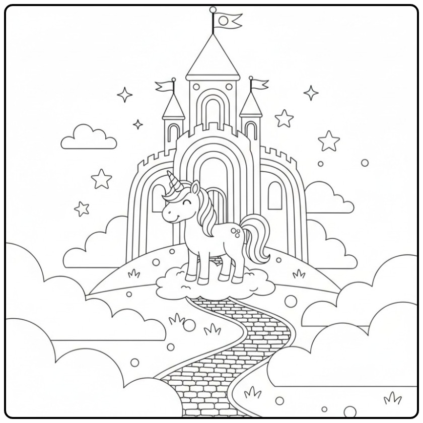 Magical Unicorn Rainbow Castle for Children coloring page