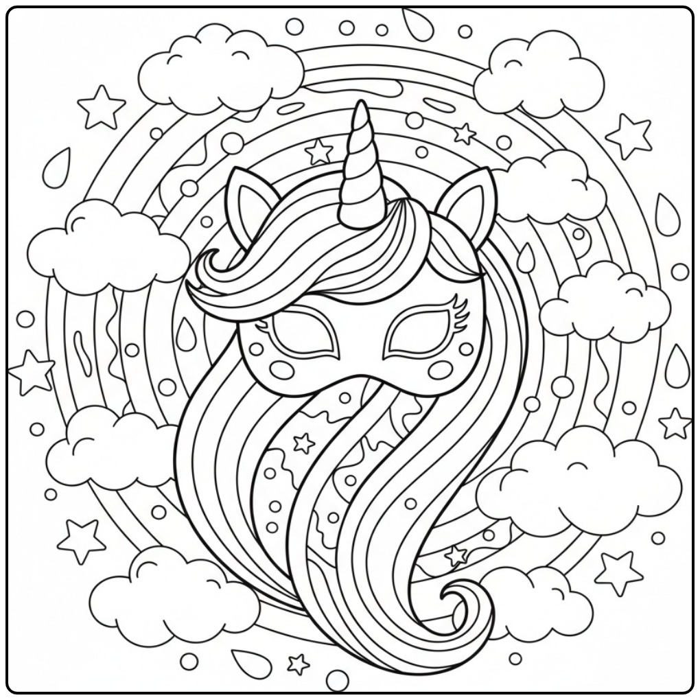 Magical Unicorn Rainbow Mask in the Clouds coloring page