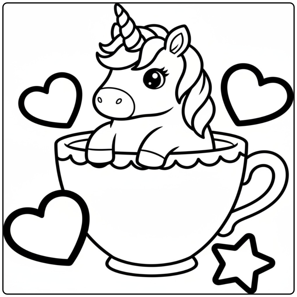 Magical Unicorn Cute with Stars and Hearts coloring page