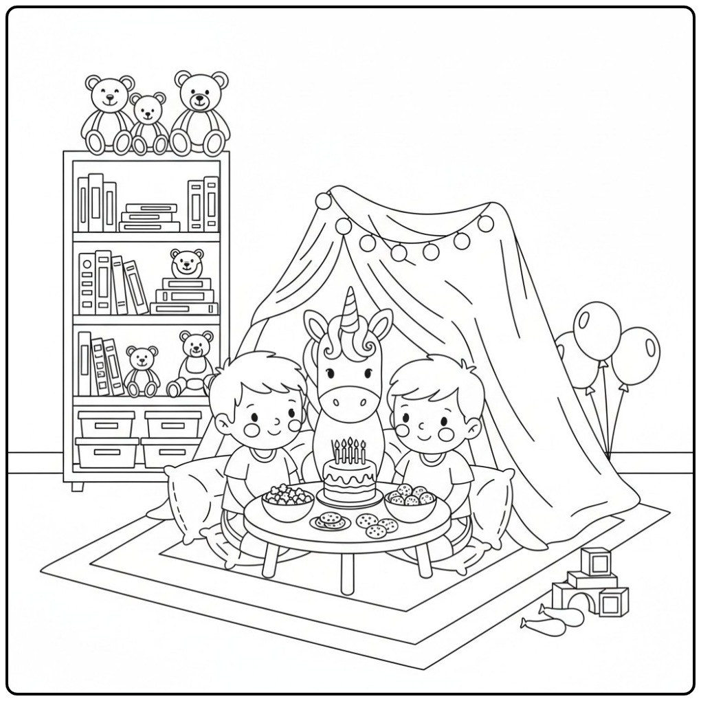 Magical Unicorn Birthday Party with Friends coloring page