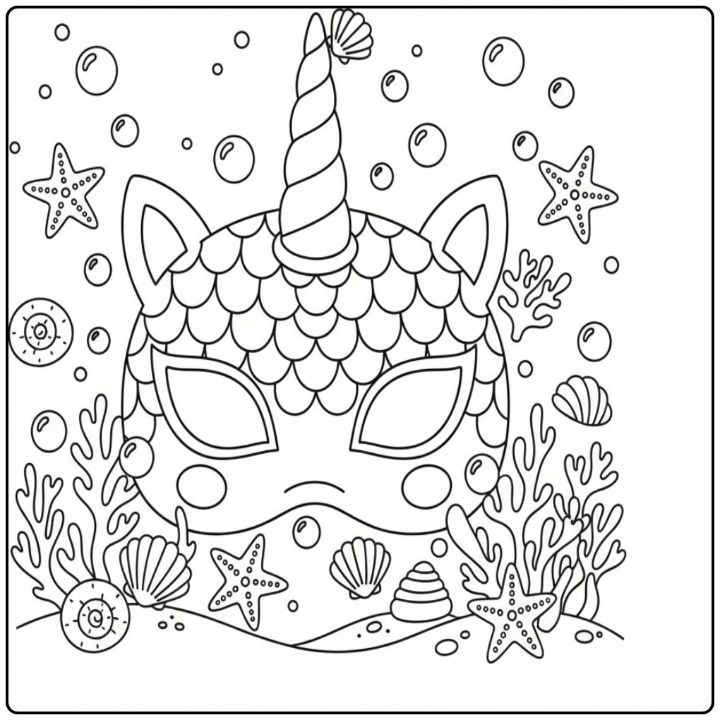 Magical Unicorn Mermaid Mask in the Deep Sea coloring page
