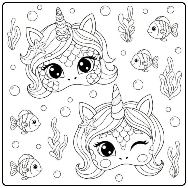 Magical Unicorn Mermaid Mask Underwater World coloring page