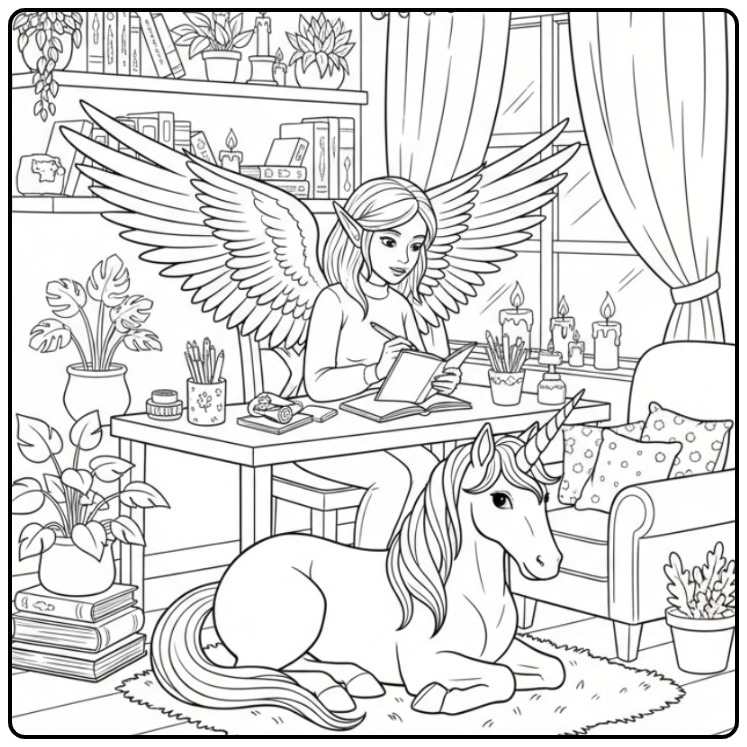 Magical Fairy and Unicorn at a Desk coloring page