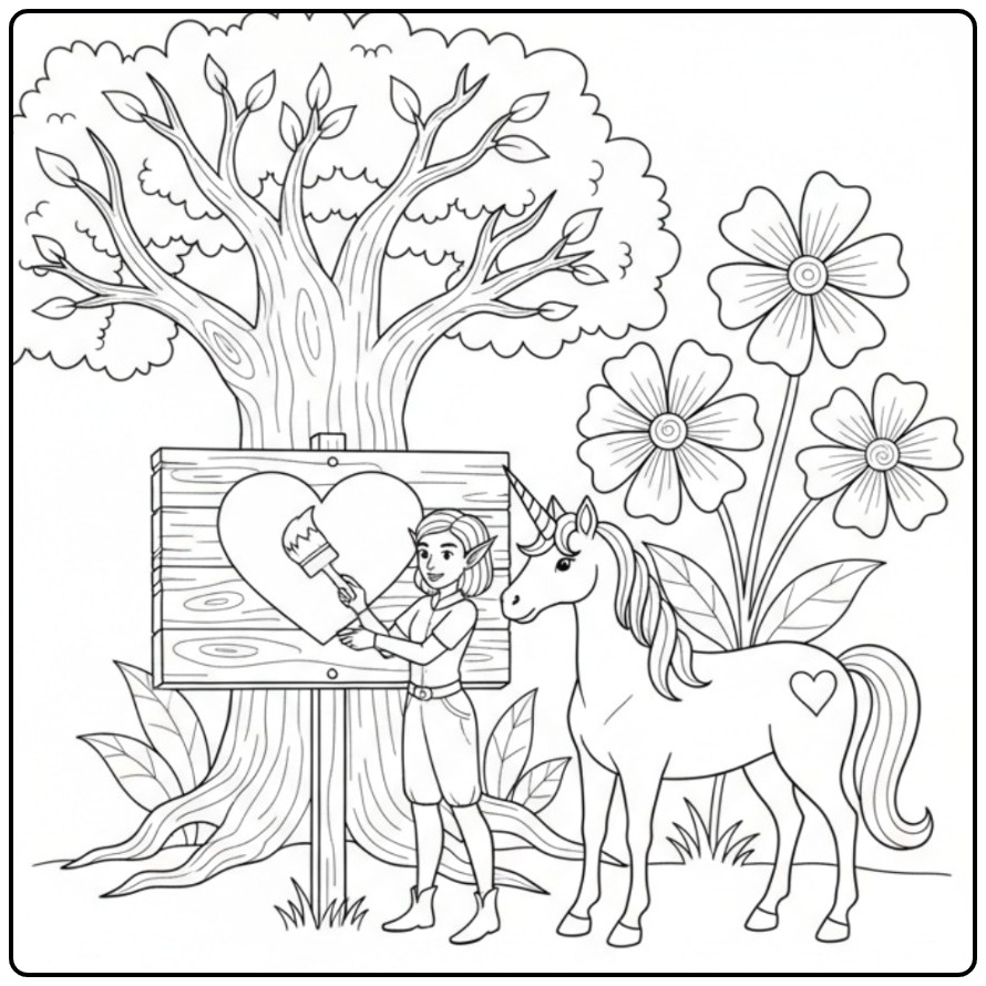 Magical Fairy and Unicorn with a Big Tree coloring page