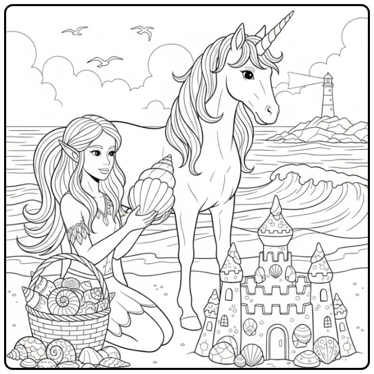 Magical Fairy and Unicorn with a Sand Castle coloring page