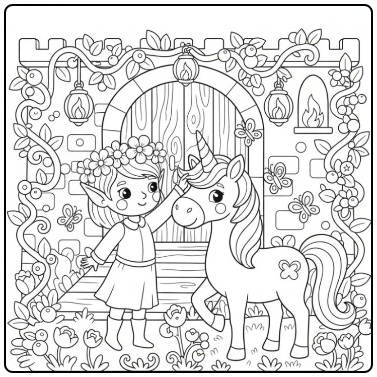 Magical Fairy and Unicorn with the Castle 2 coloring page