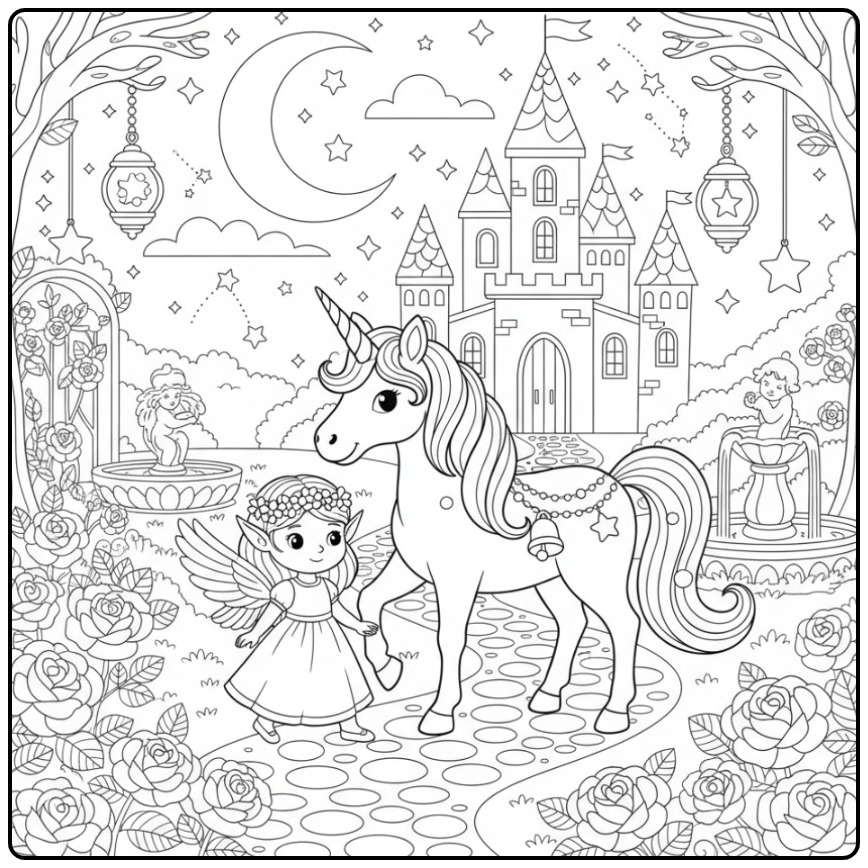 Magical Fairy and Unicorn with the Castle 3 coloring page
