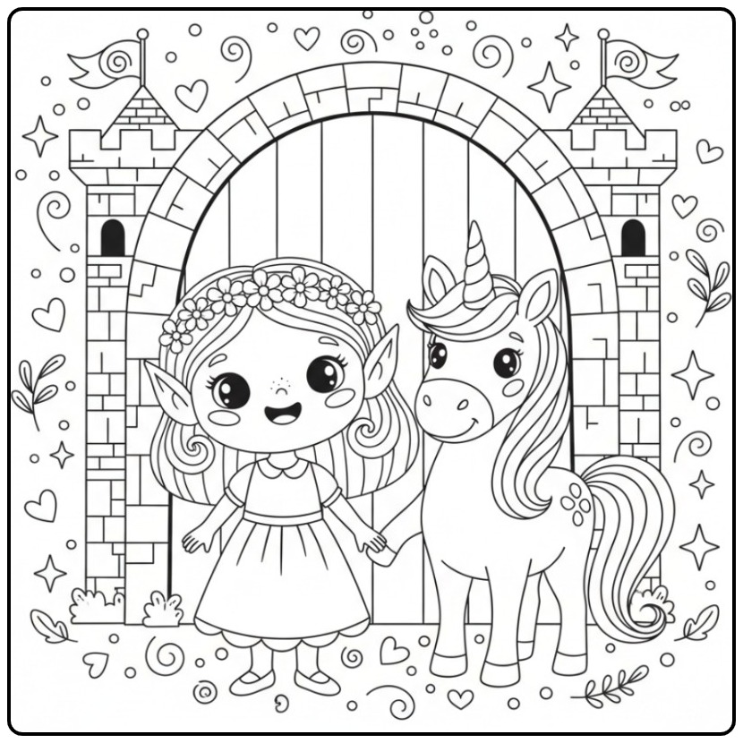 Magical Fairy and Unicorn with the Castle 4 coloring page