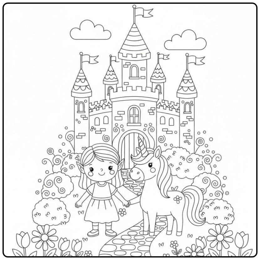 Magical Fairy and Unicorn with the Castle coloring page