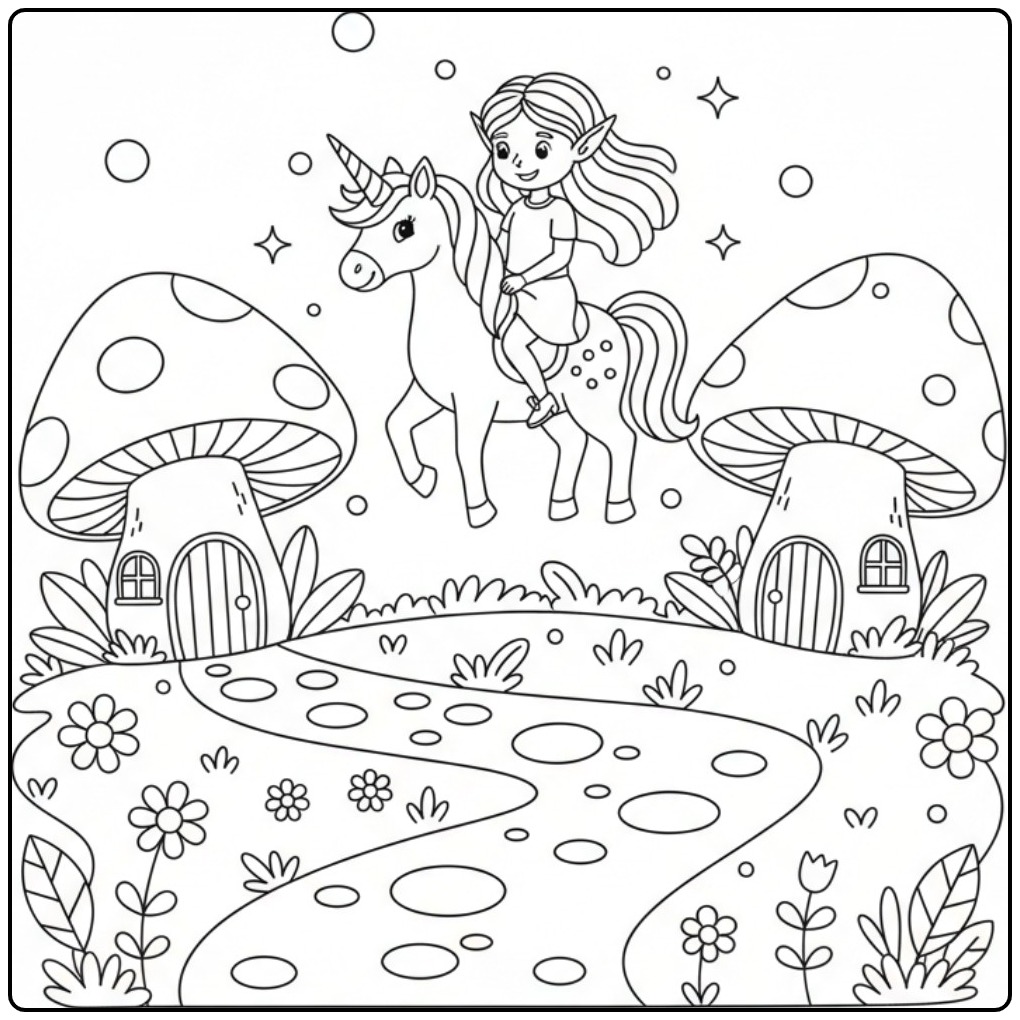 Magical Fairy and Unicorn with Mushroom Houses coloring page