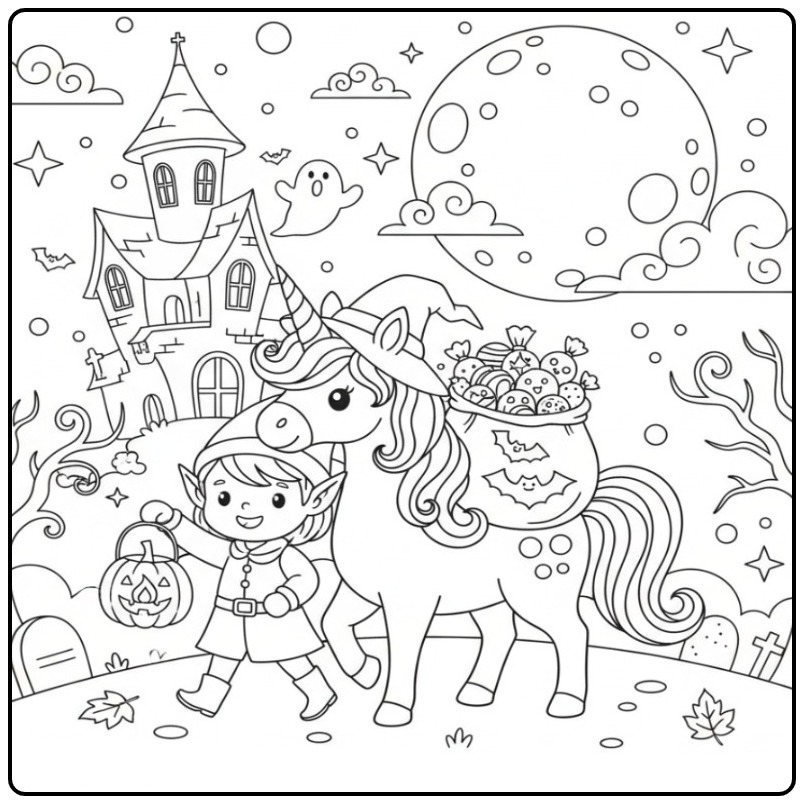 Magical Fairy and Unicorn Halloween Adventure coloring page