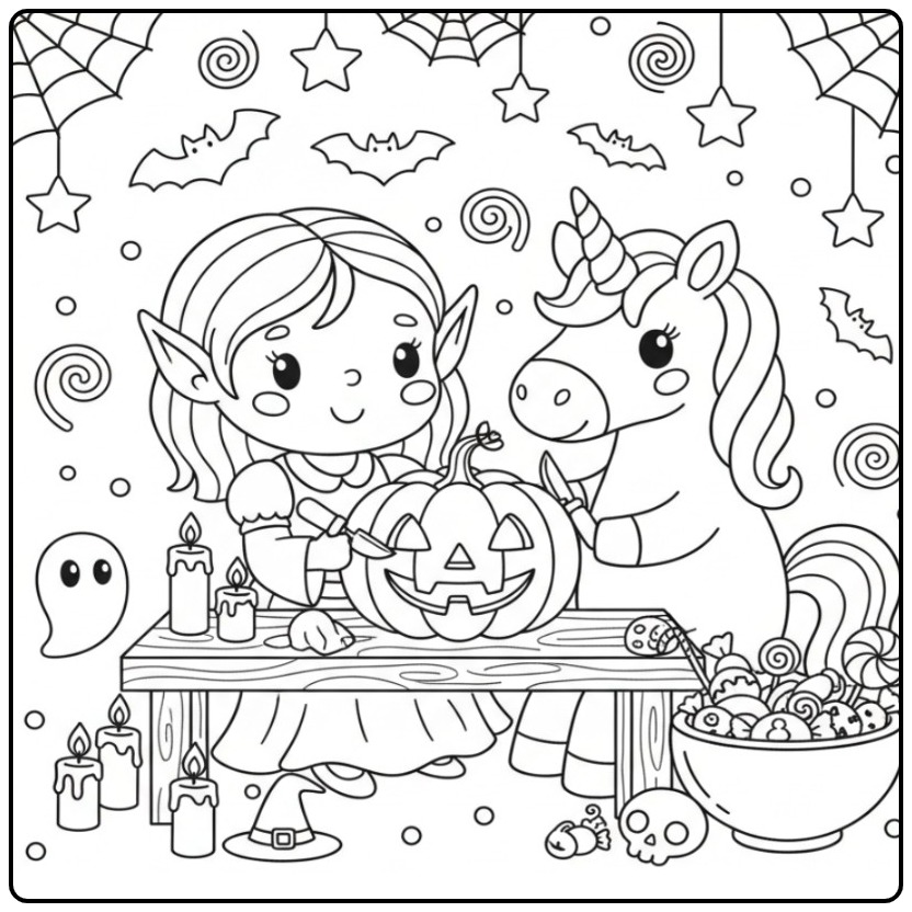 Magical Fairy and Unicorn Halloween with Snoepgoed coloring page