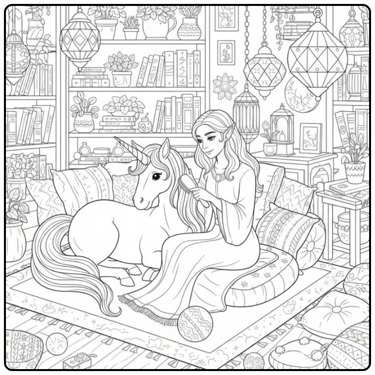 Magical Fairy and Unicorn in the Library coloring page