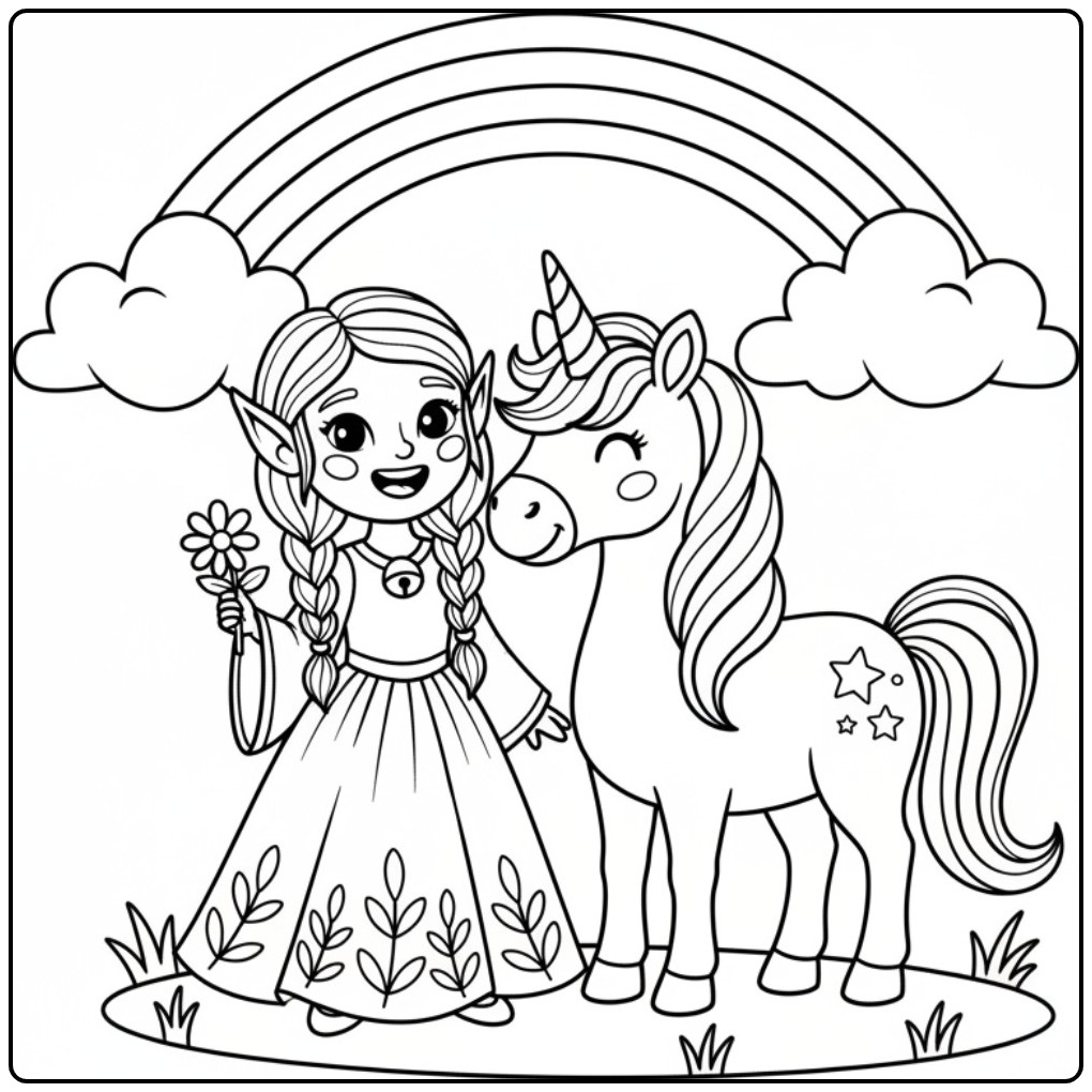 Magical Fairy and Unicorn in a Meadow coloring page