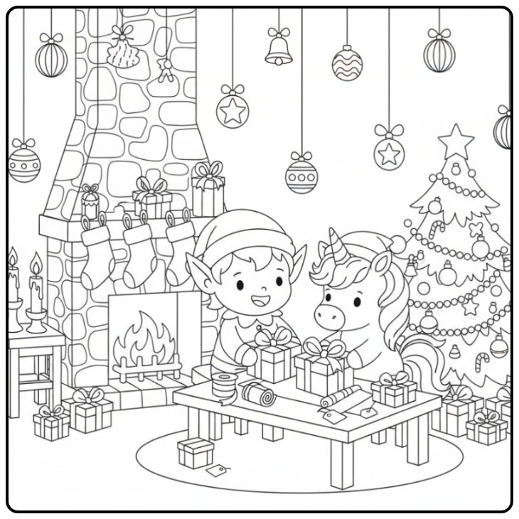 Magical Fairy and Unicorn Christmas with the Fireplace coloring page