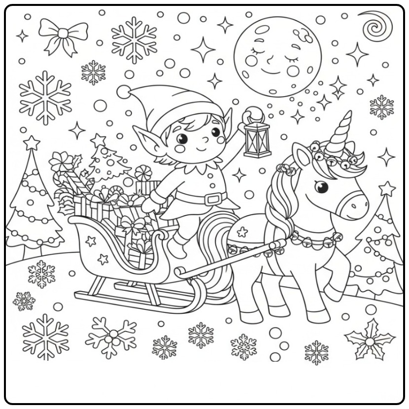 Magical Fairy and Unicorn Christmas in the Snow coloring page