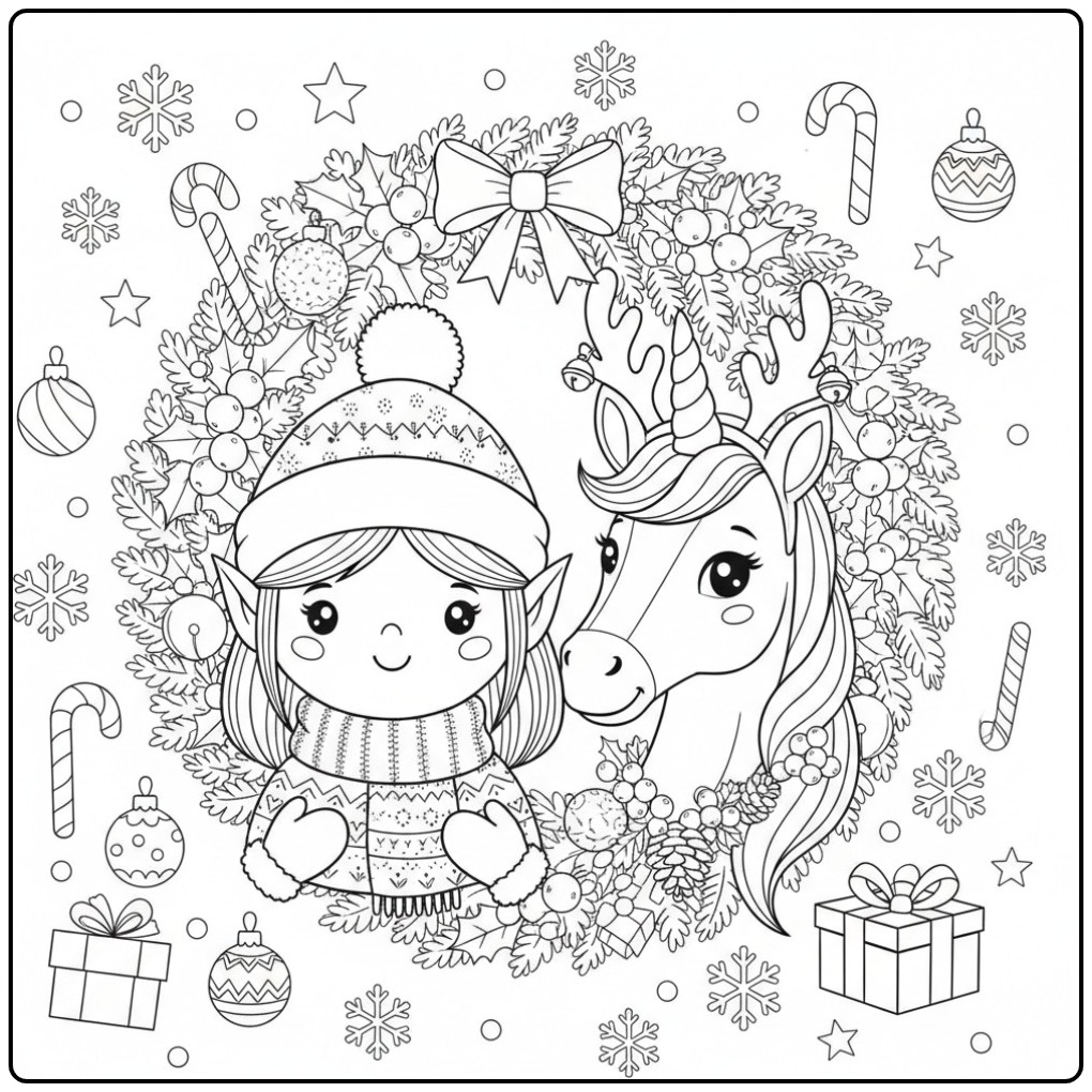Magical Fairy and Unicorn Christmas coloring page