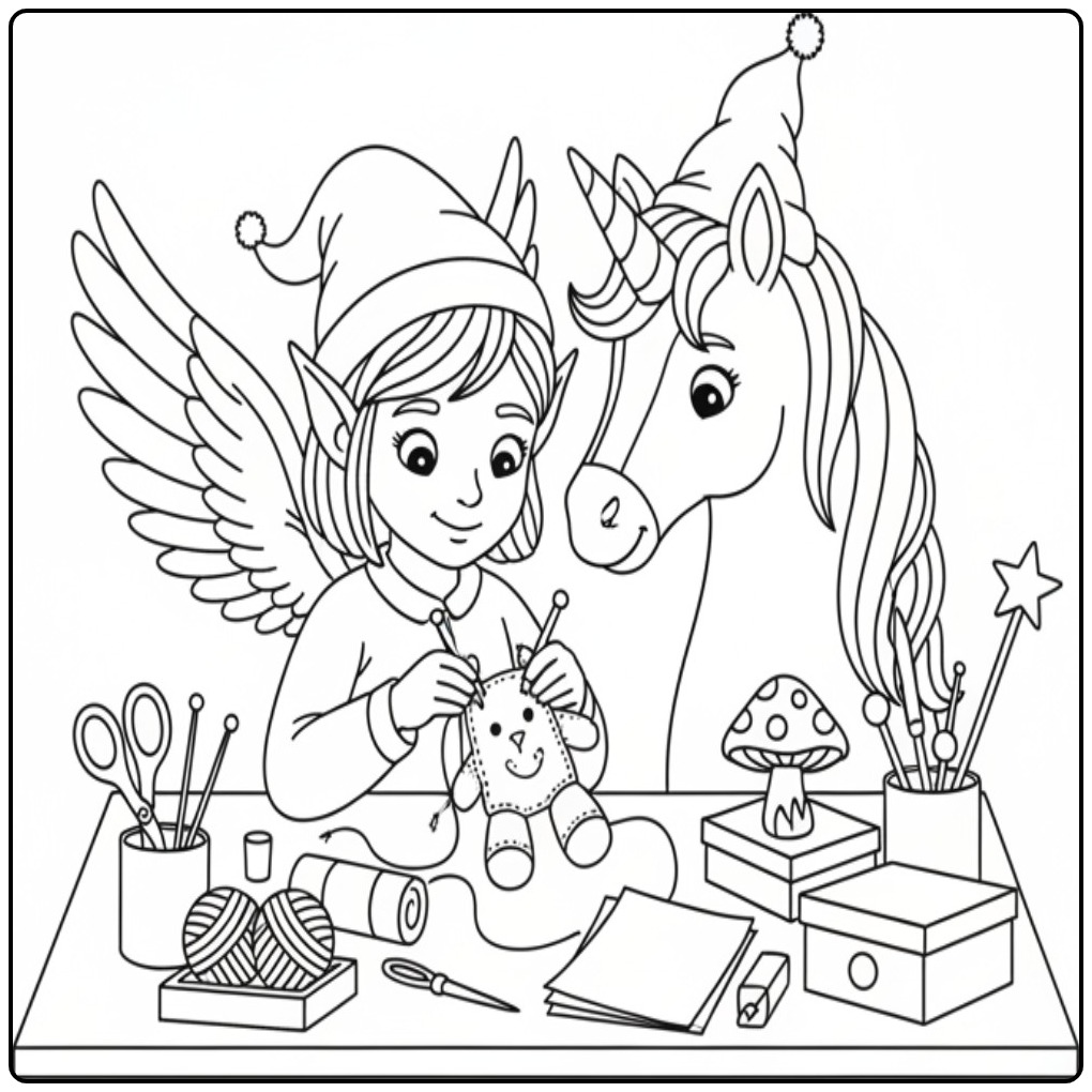 Magical Fairy and Unicorn Building a Gift coloring page