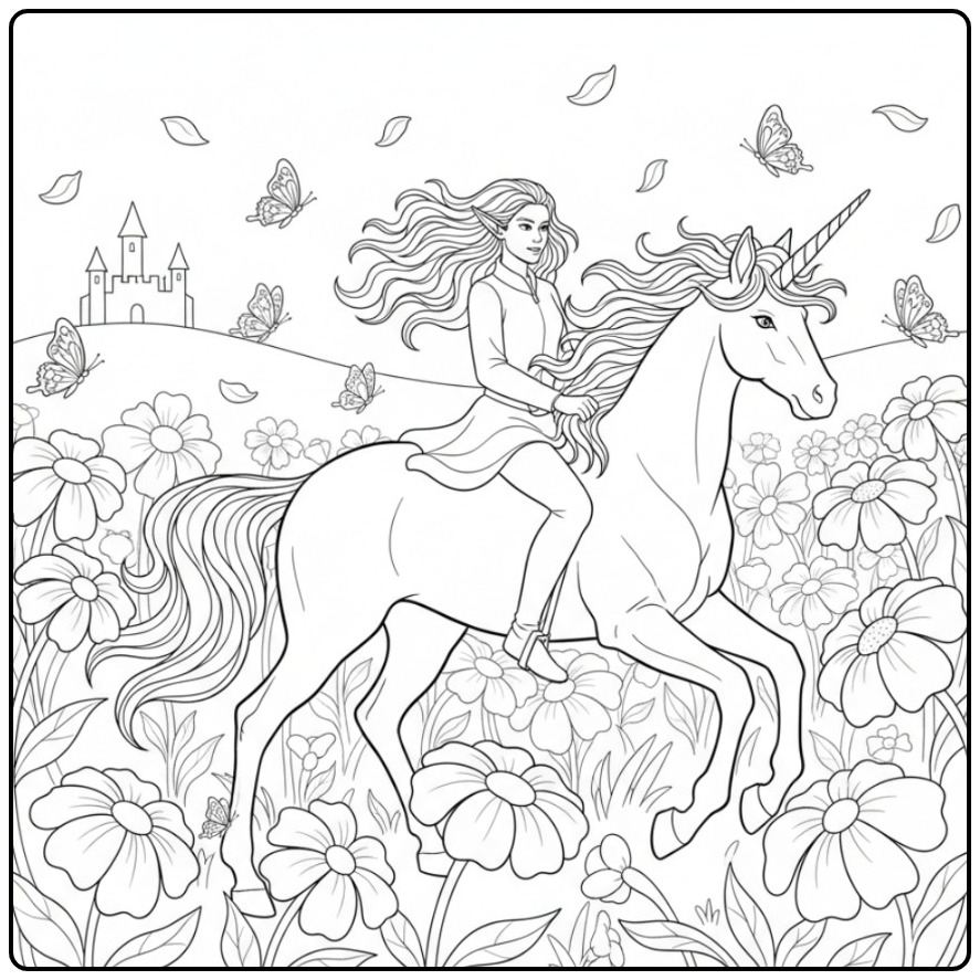 Magical Fairy and Unicorn with a Castle coloring page