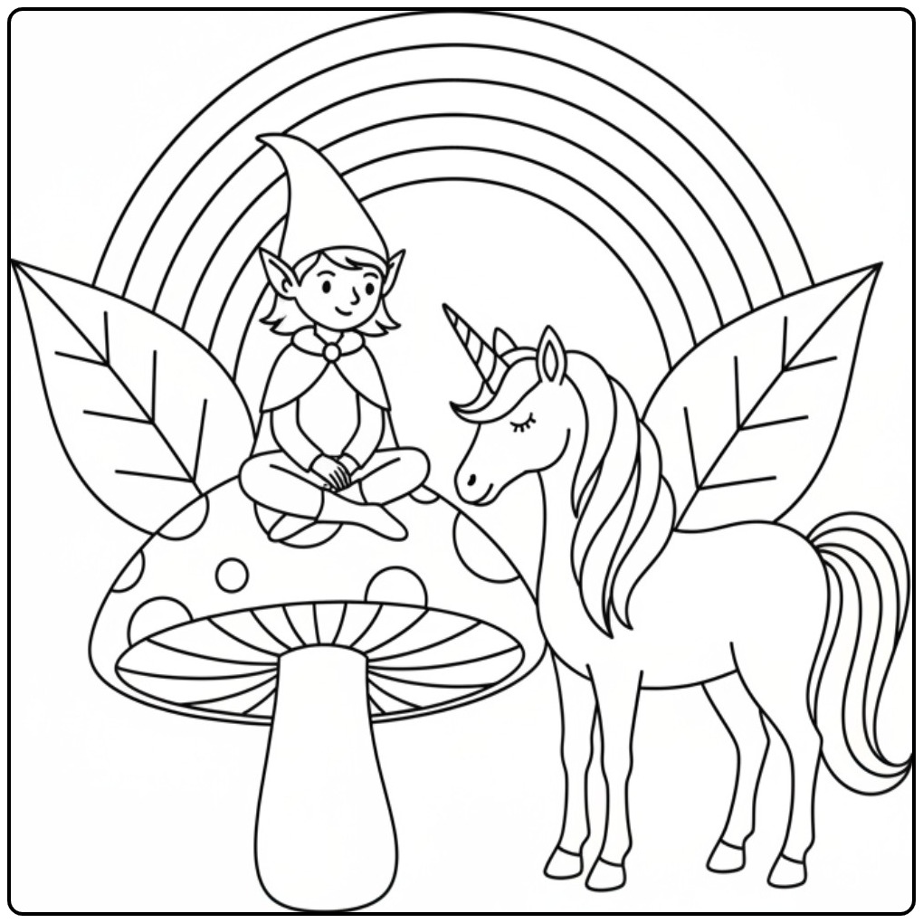 Magical Fairy and Unicorn with a Rainbow coloring page