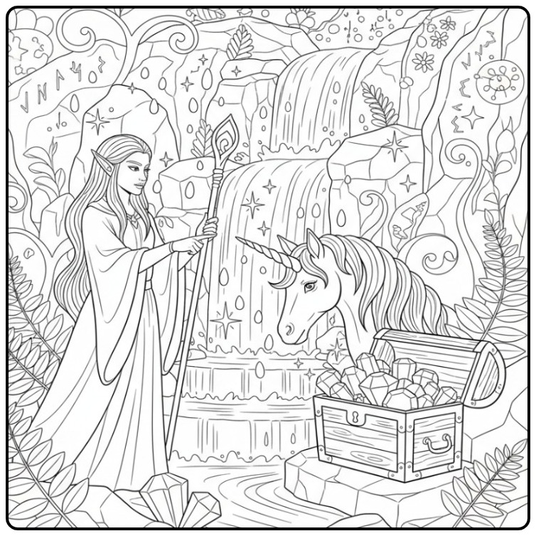 Magical Fairy and Unicorn with a Treasure Chest coloring page