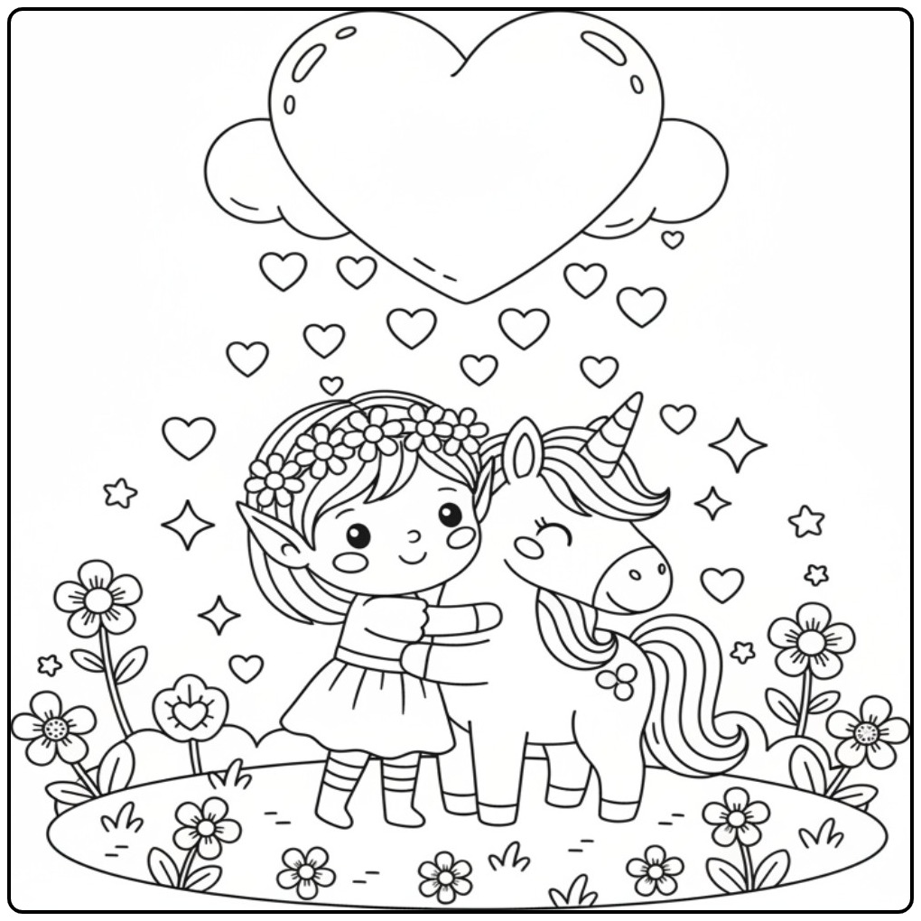 Magical Fairy and Unicorn with Hearts coloring page