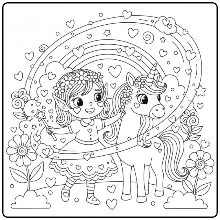 Magical Fairy and Unicorn with Hearts for Kids coloring page