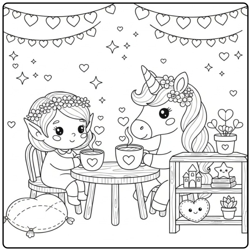 Magical Fairy and Unicorn with Hearts coloring page