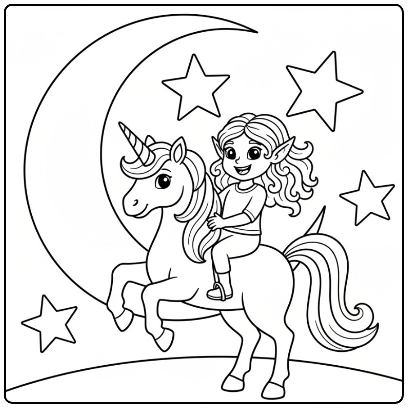 Magical Fairy Unicorn with Moon and Stars coloring page