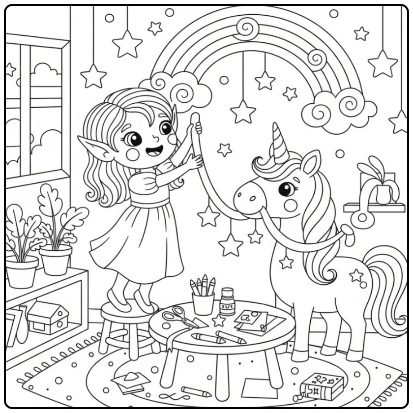 Magical Fairy Unicorn with Rainbow and Stars coloring page