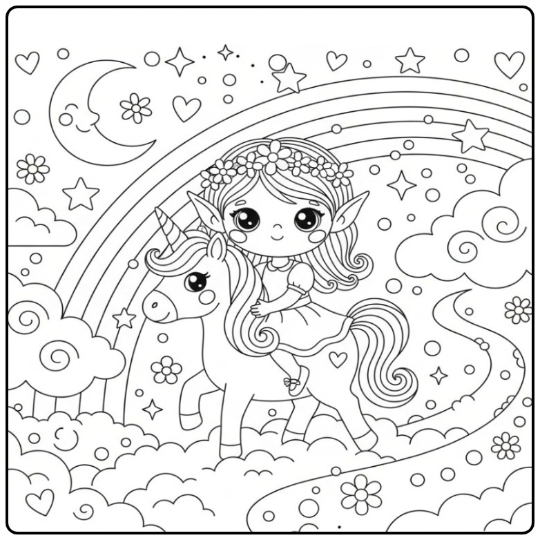 Magical Fairy and Unicorn with Rainbow in the Sky coloring page