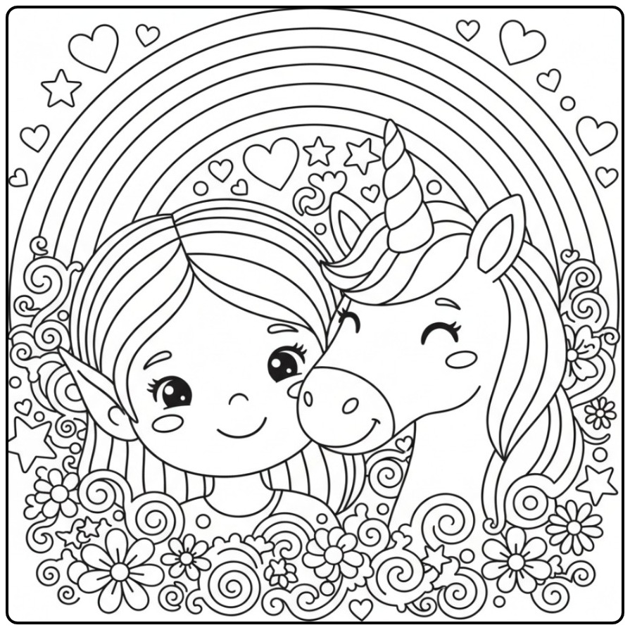 Magical Fairy and Unicorn with Rainbow coloring page