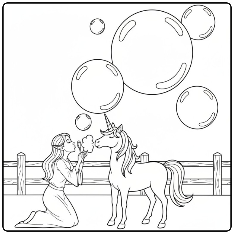 Magical Fairy and Unicorn with Floating Bells coloring page