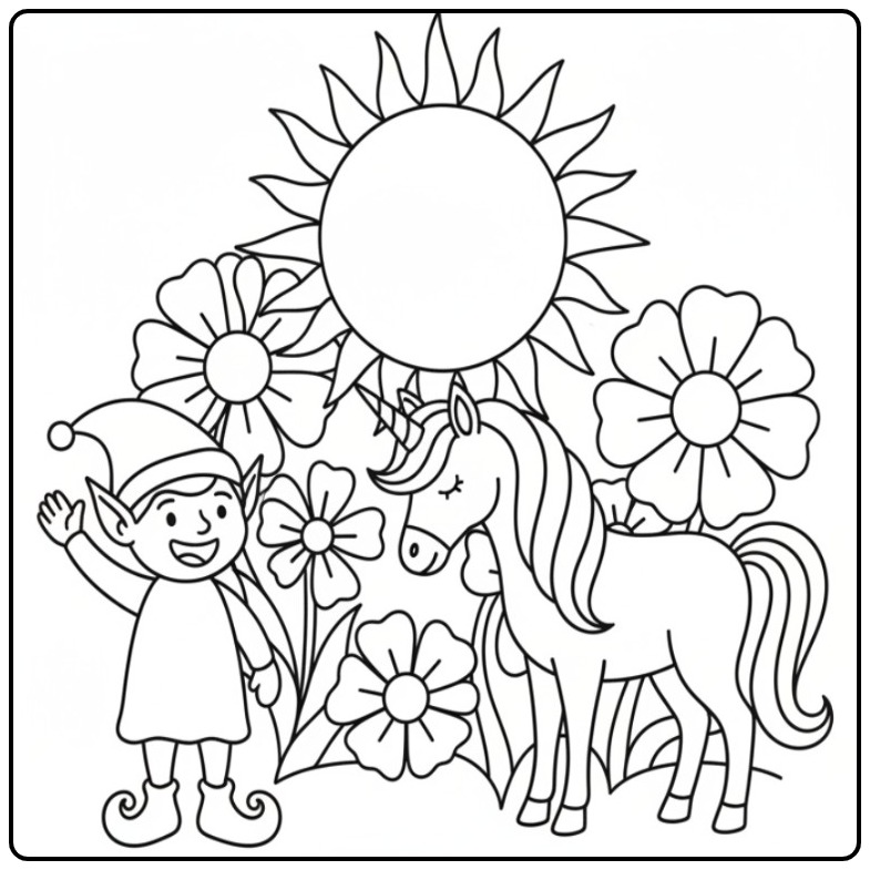 Magical Fairy and Unicorn Under the Happy Sun coloring page