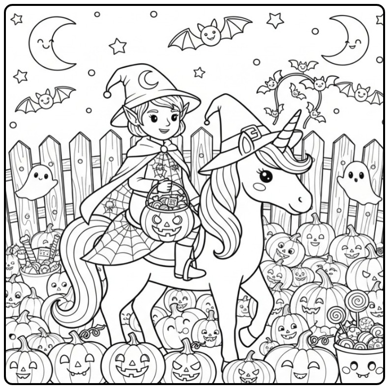 Magical Fairy and Unicorn Among the Pumpkins coloring page