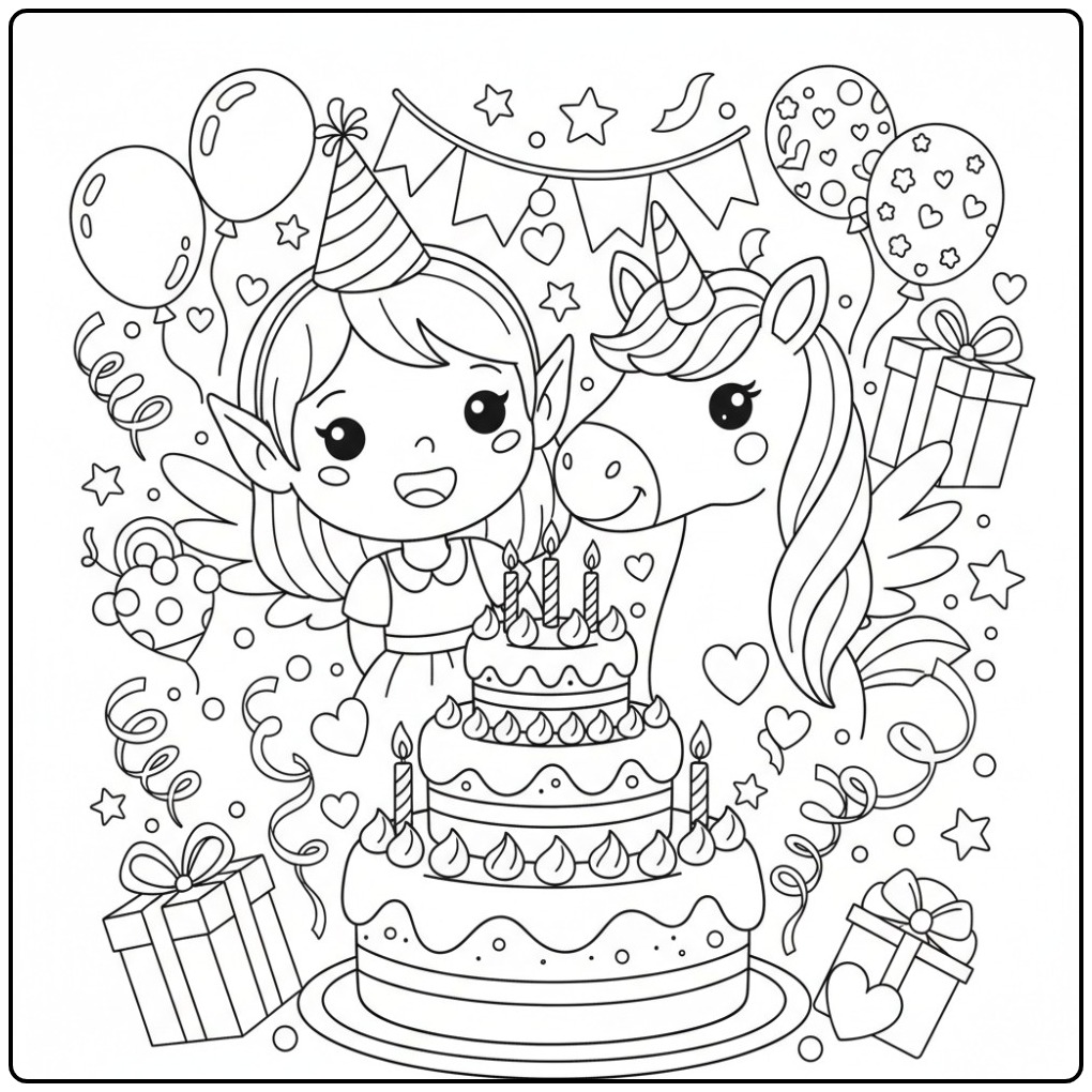 Magical Fairy and Unicorn Birthday Party coloring page