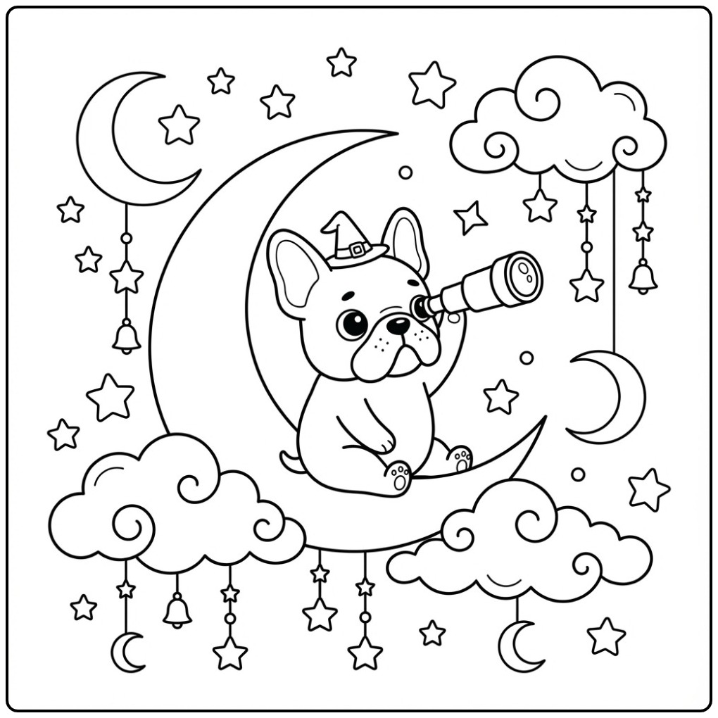 Magical French Bulldog Looking Toward the Starry Sky coloring page