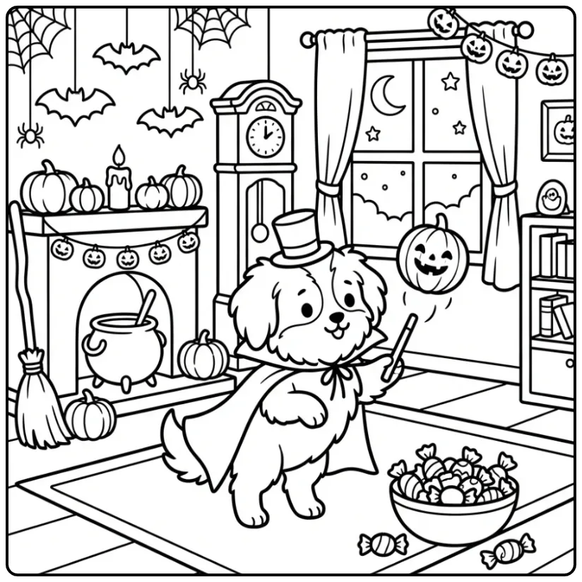 Markiesje Halloween Dog Performing Magic coloring page
