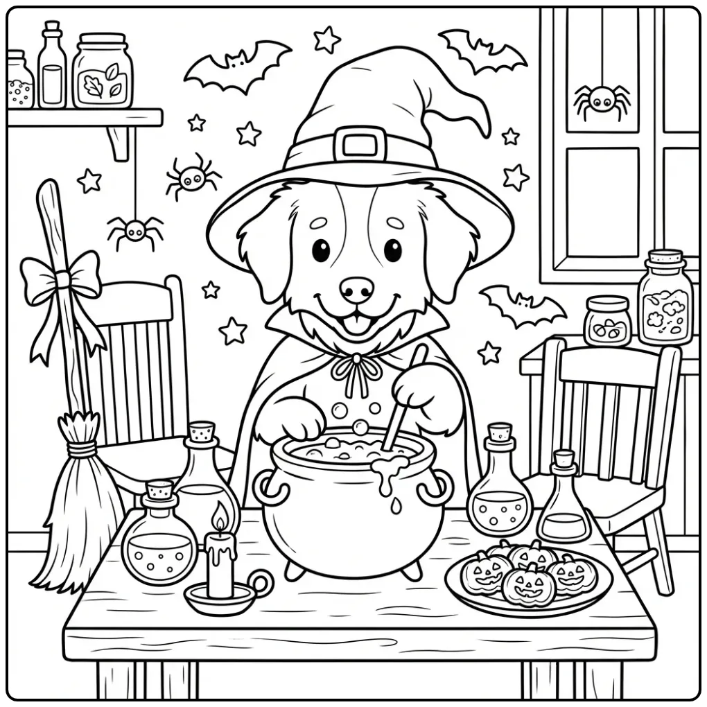 Stabyhoun Halloween Dog Brewing a Magic Potion coloring page