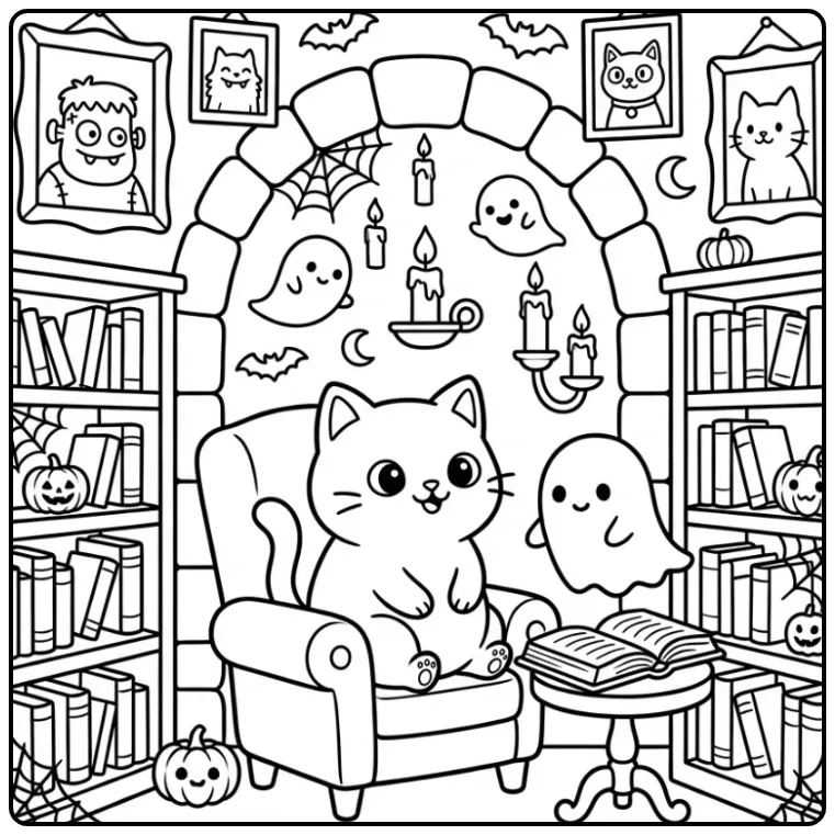 Halloween Cat coloring page in a library with a ghost