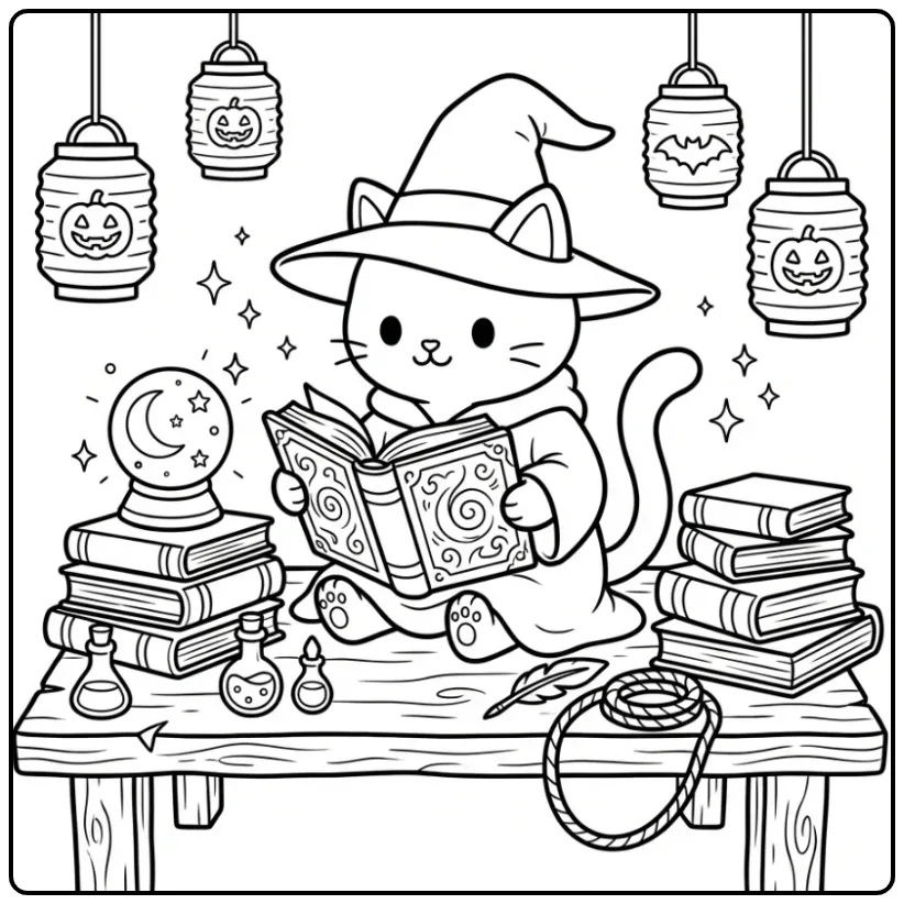 Halloween Cat coloring page wizard reading