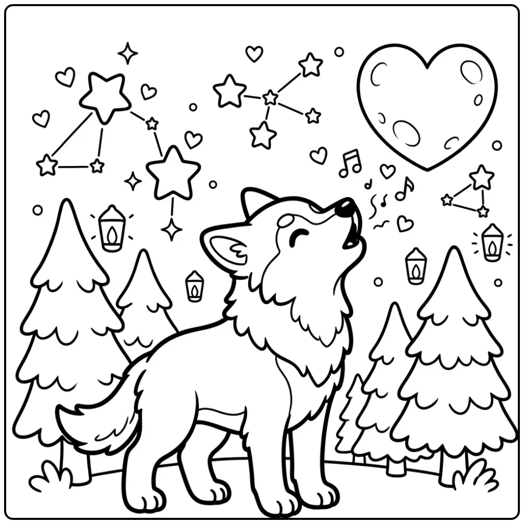 Wolfdog Howling at a Heart-Shaped Moon coloring page