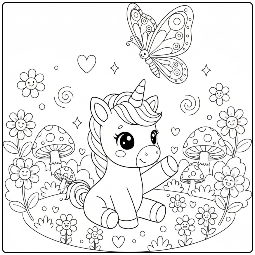 Magical Kawaii Chibi Baby Unicorn in a Flower Field coloring page