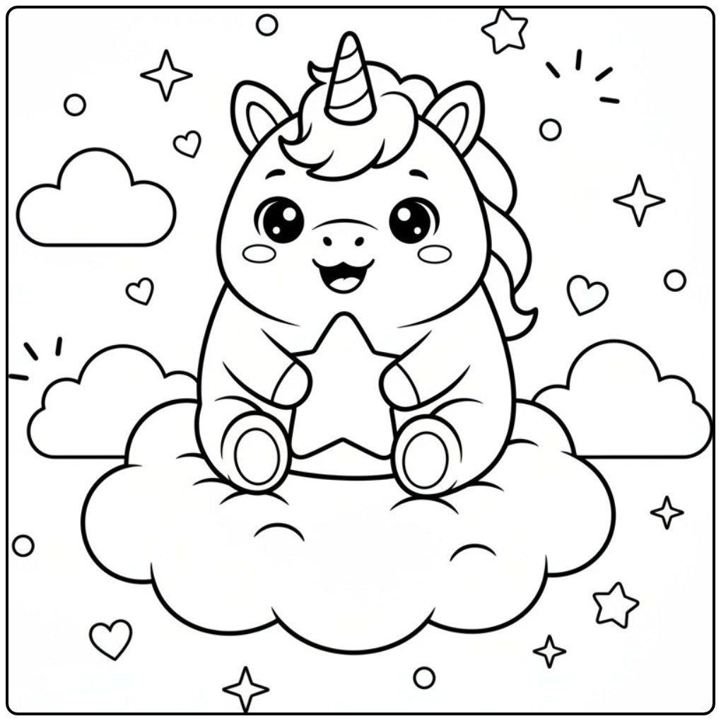 Magical Kawaii Chibi Baby Unicorn with a Star coloring page