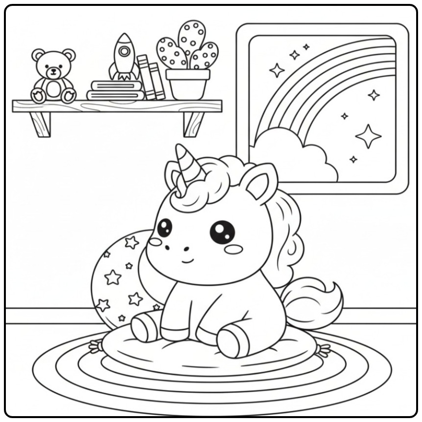 Magical Kawaii Chibi Rainbow Unicorn in a Room coloring page