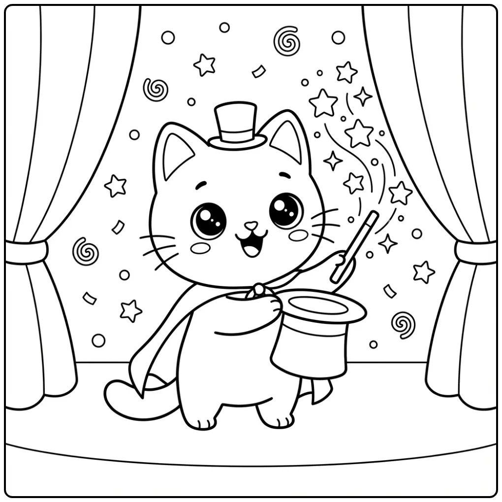 Kawaii Cat coloring page magician with hat and stars