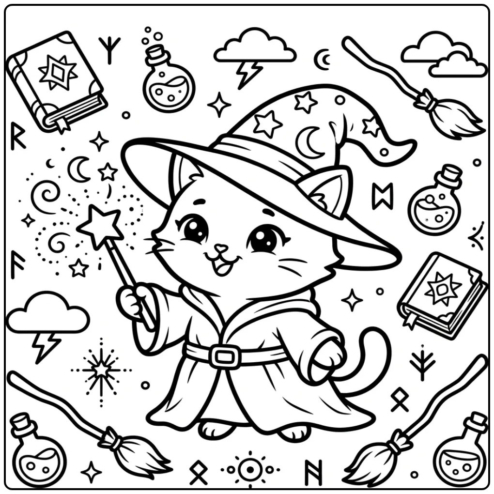 Magical Kitten Wizard with Little Stars coloring page