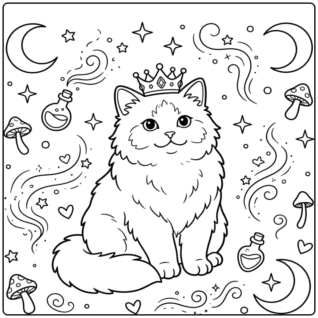 Magical Cute Ragdoll Kitten with Crown coloring page
